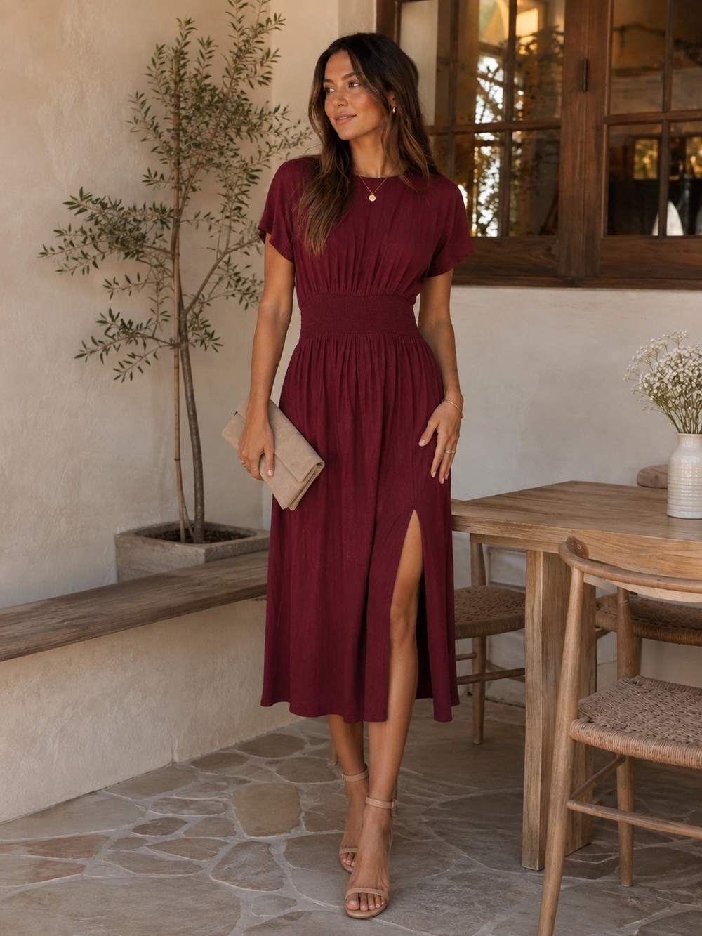 BLACK TAPE Burgundy/Wine Midi Dress with Side Slit | XS